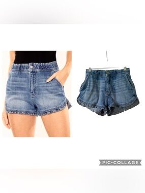 KanCan Light Wash Blue Ruffle Hem High Cotton Rise Denim Shorts Size Medium